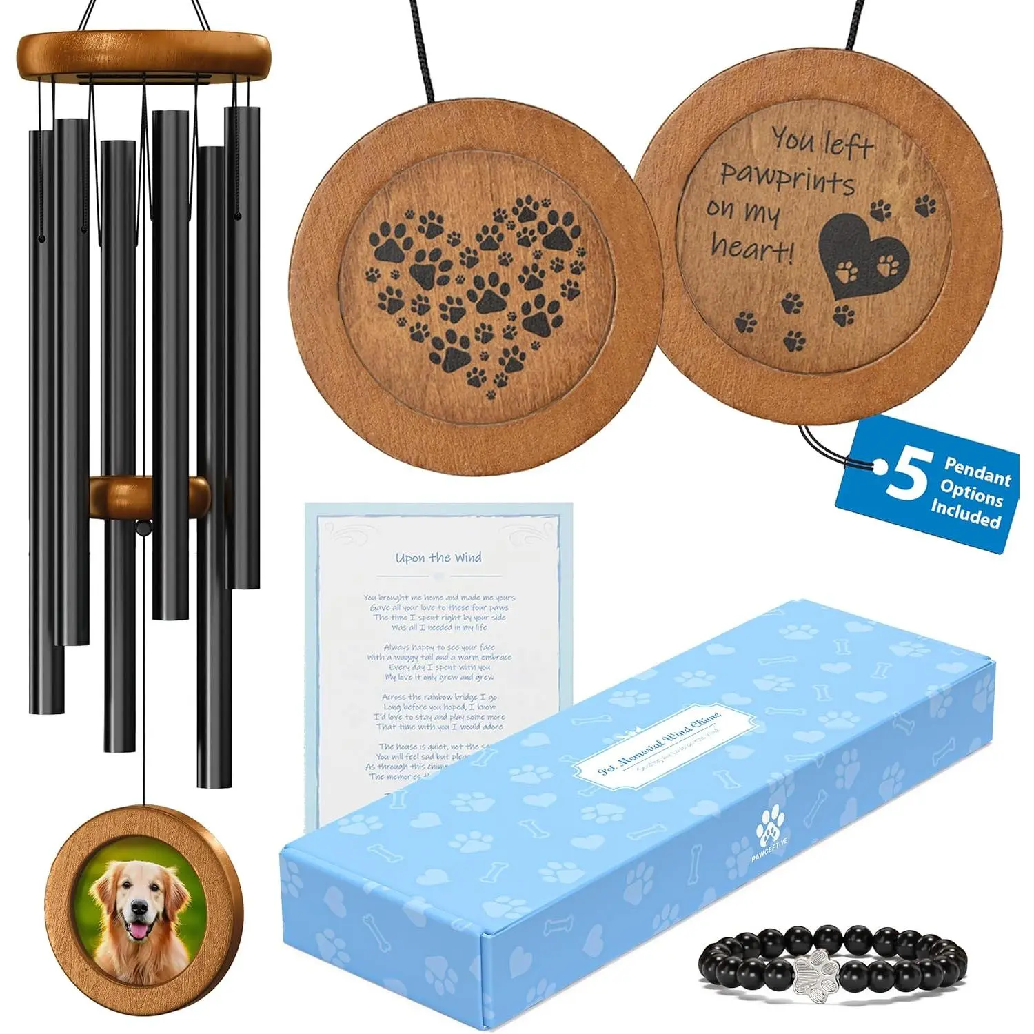Memorial Wind Chime 28" with 5 Pendant Designs and Comforting Pet Loss eBook- Pet Memorial Gifts-Loss of  Sympathy -Dogs Wind Chimes, Remembrance