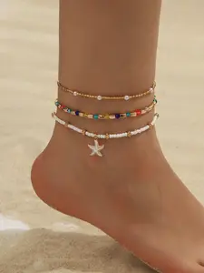 3 pieces of minimalist style colored glass bead white starfish pendant anklets, ladies' accessories, holiday gifts, suitable for daily and vacation wear