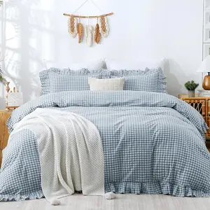 Blue Gingham Duvet Cover Bedding Set 100% Washed Cotton Like Linen Texture Soft Breathable 3 Piece Plaid Checkered Cute Ruffle Comforter Cover Set (Twin 68