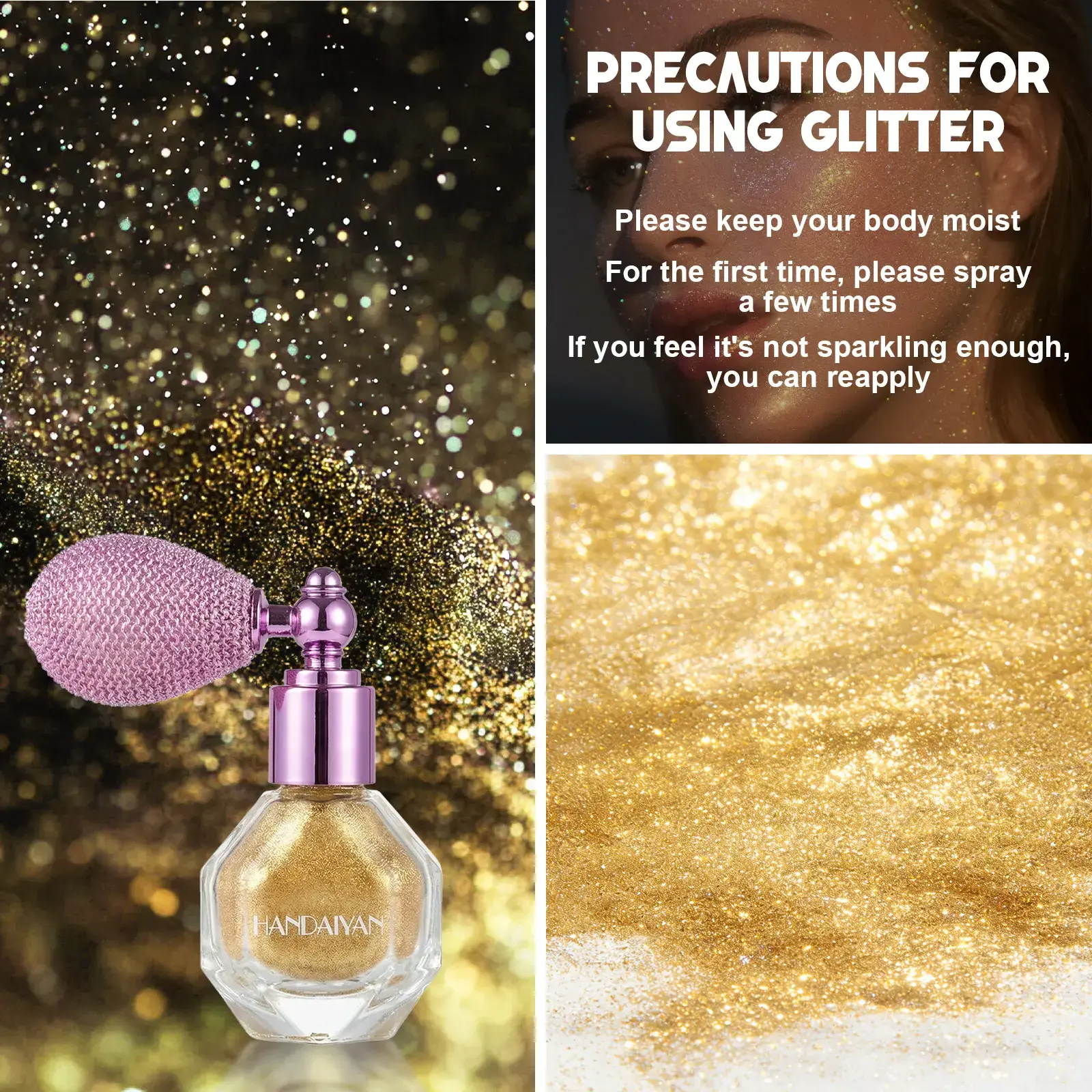 HANDAIYAN Cosmetic Sparkle Powder Spray - Cosmetic-Grade Glitter, Buildable Dewy Brightening Highlighter with Mirror, Flawless Setting, Smooth Blending, Lightweight, Easy-to-Apply for Face, Hair - Gold for Women's Halloween, Daily Wear, Dewy Look, Dewy Ma