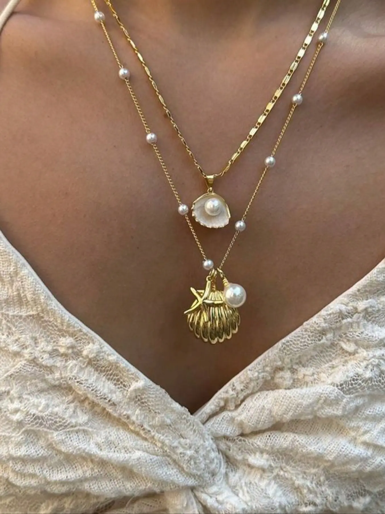 2 Piece Beach Metal Starfish Pearl Shell Necklace Jewelry Set, Boho Style, All Seasons, Plain Pattern, Alloy Chain Material