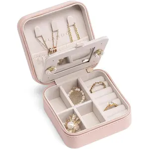 Small Travel Jewelry Box Organizer -Jewelry Display Case for Girls Women Bridesmaid Gift Rings Earrings Necklaces Storage with Mirror Pink