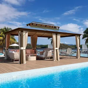 Erinnyees 12'x20' Hardtop Gazebo, Outdoor Polycarbonate Double Roof Canopy, Aluminum Frame Permanent Pavilion with Curtains and Netting, Sunshade for Garden, Patio, Lawns