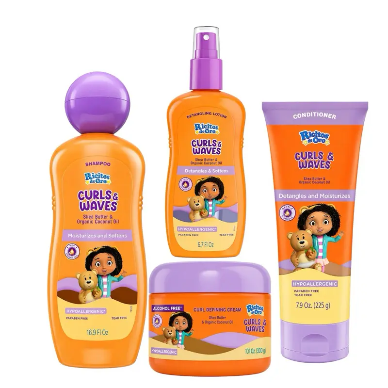 Ricitos de Oro Curls & Waves Hair Care Set, 4-Piece Bundle – Shampoo, Conditioner, Curl Defining Cream & Detangling Lotion, Shea Butter & Organic Coconut Oil