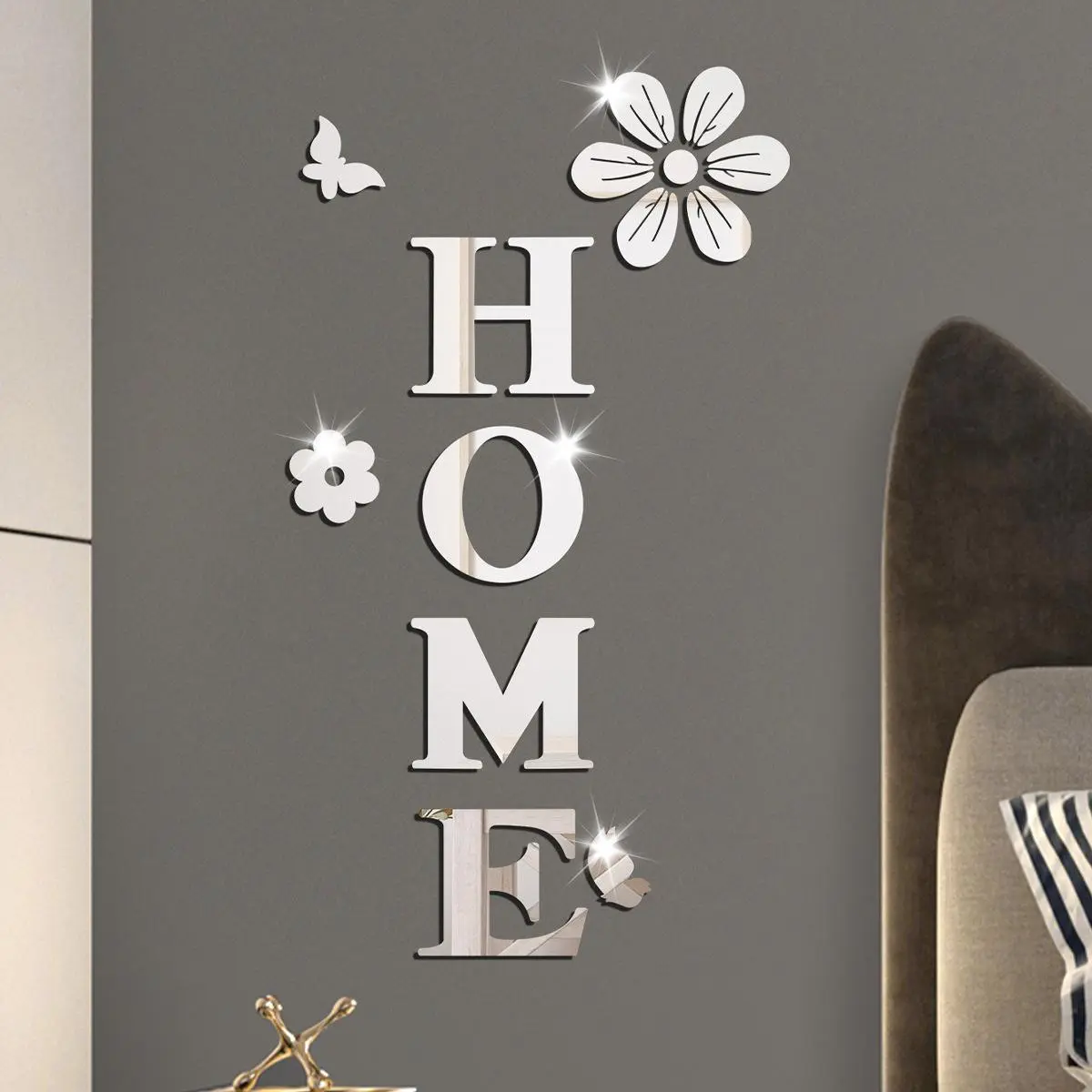 Home Letter & Flower Design Wall Sticker, Decorative Wall Sticker, 1 Set Acrylic Mirror Wall Decal, Self Adhesive DIY Mirror Wall Sticker, Wall Decor for Home Living Room Bedroom, Ornaments, Decoration Items, Wall Stickers Decor