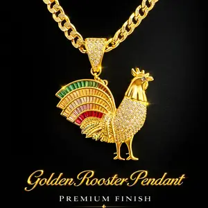14K Gold Plated Finish Iced Out 2"x2" Hip Hop Chicken Rooster Peacock Premium Pendant Charm Necklace For Men and Women