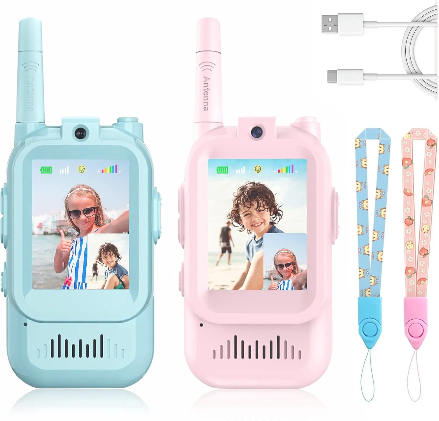 Kids' Durable 2-Pack Rechargeable Video Walkie Talkies - USB-C Charging, Plastic Build, Auto-Pair, Long-Range, Video Intercom, Voice Effects, Casual Walkie Talkies, Ideal Outdoor Kids Stuff Gifts for 3-12 Yrs, Indoor & Outdoor Use