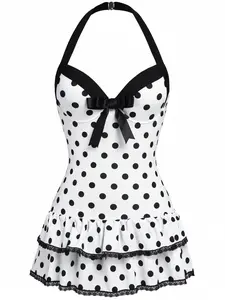 RETRO STAGE Women's 1940s White Halter Polka Dot Bow 1-Piece Swimsuit, Backless Bathing Suit with Ruffled Hem, Vintage Charm & Comfortable Fit, One Piece Swimsuit,summervibes