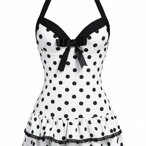 RETRO STAGE Women's Retro 1940s Look White Halter Polka Dot Bow 1-Piece Swimsuit - Backless Bathingsuit, Ruffled Hem, Bow-Accent Style, Vintage Charm, Secure Straps, Comfortable Fit, Swimwear Beachwear