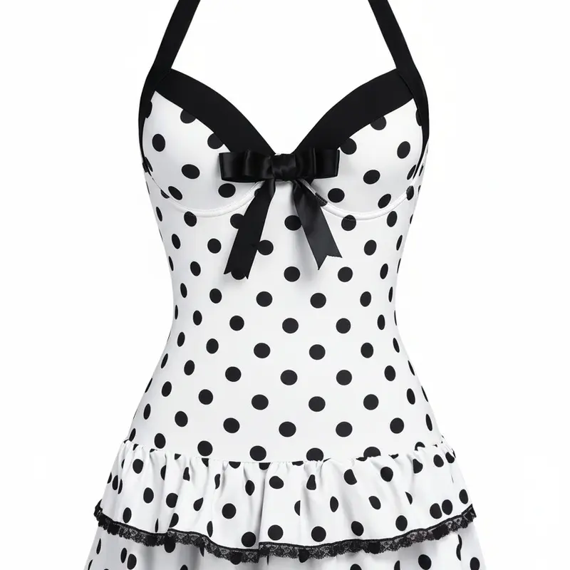 RETRO STAGE Women's Retro 1940s Look White Halter Polka Dot Bow 1-Piece Swimsuit - Backless Bathingsuit, Ruffled Hem, Bow-Accent Style, Vintage Charm, Secure Straps, Comfortable Fit, Swimwear Beachwear