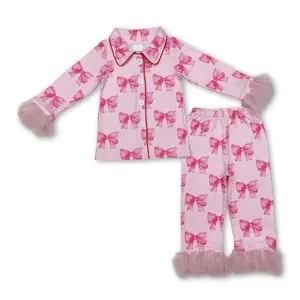 Girl Winter Pajamas Set Bow Grandmillennial Clothing Set