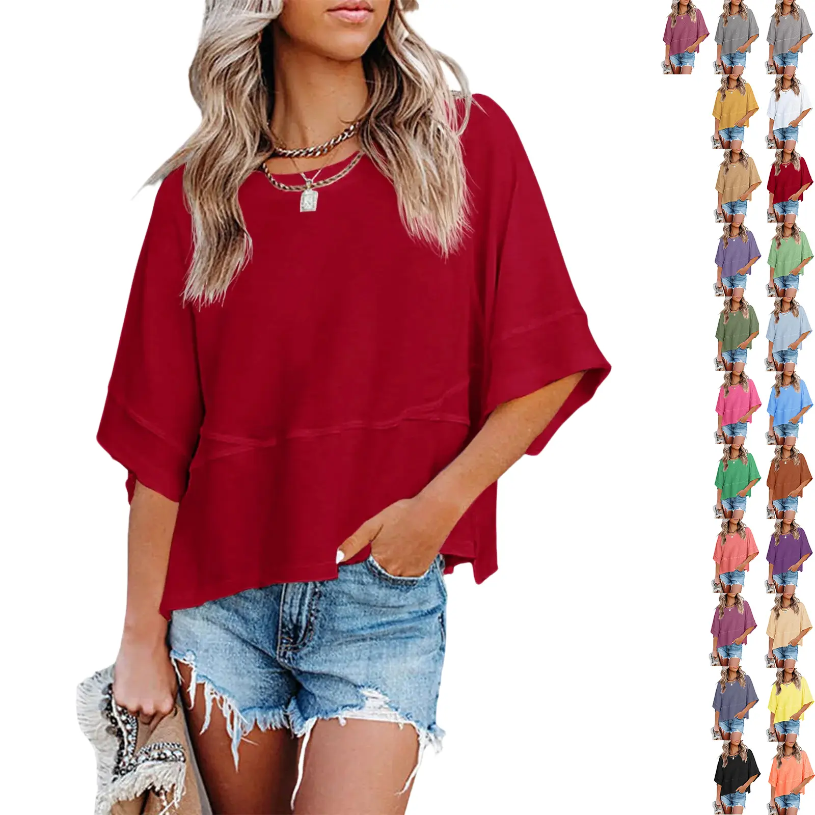 Women's Summer Casual Crewneck Batwing Half Sleeve T-Shirts Solid Color Loose Fit Cute Basic Flowy Tops Tees Blouses