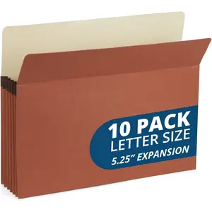 10 Redwell Folders Letter Size, Brown Accordion File Folders, 5.25" Red Rope Expandable Pockets, Expanding Organizer