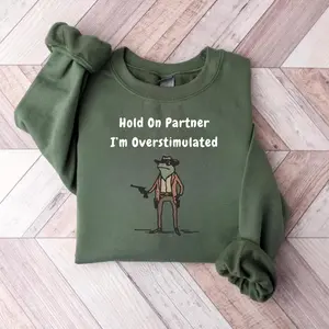 Hold On Partner Im Overstimulated Sweater Cowboy Frog Unhinged Sweaters Weirdcore Clothing Gen Z Shirt Weird Stuff Funny Long Sleeve