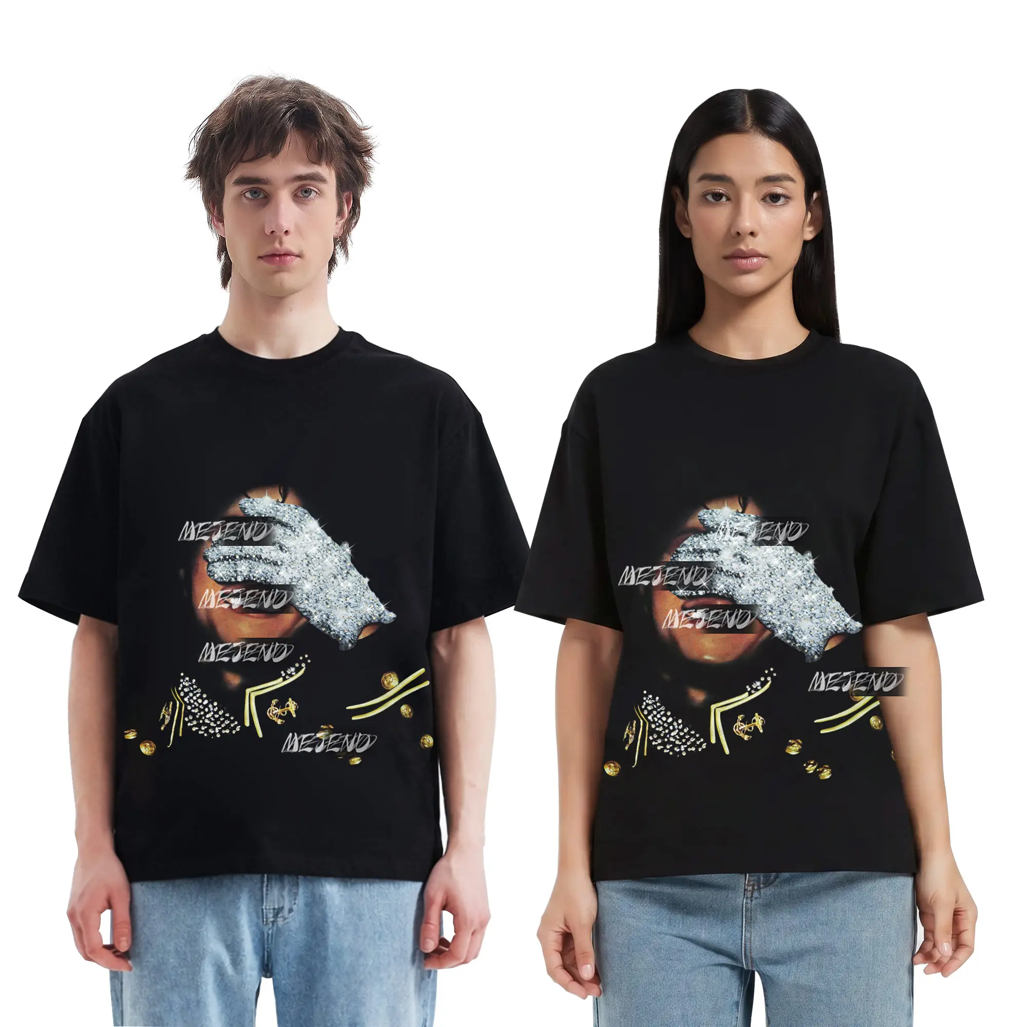 MeJend 10oz Heavyweight Tee, 100% Cotton Rhinestone Graphic T-Shirt, Oversized Streetwear Shirt for Men & Women Crewneck Outfit