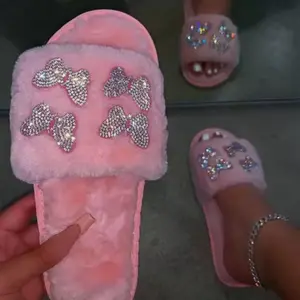 Fluffy Butterfly Rhinestone Slippers - Pink Fuzzy Slides with Sparkling Bow Design for Comfortable Wear