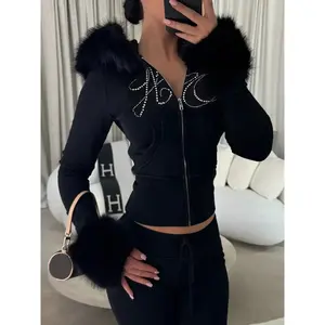 Women's Letter Rhinestone Fleece Hoodie Jacket, Long Sleeve Zipper Waist Short Coat, Streetwear Pockets Autumn Winter Fashion