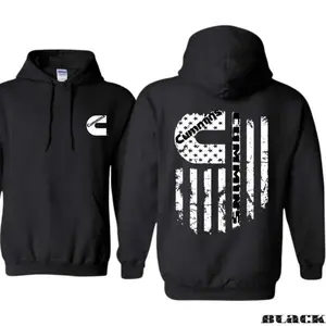 Cummins Hoodie--a pullover sweatshirt with a distressed American flag logo, printed on the back and featuring a logo on the front, suitable for truck and diesel vehicle enthusiasts, and is a warm hooded sweatshirt