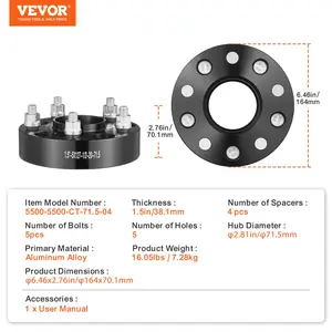 VEVOR Wheel Spacers, 1.5 5x5.5 Wheel Adapters, 5 Lug Forged Spacer, 71.5 mm Bore Hubcentric M1/2-20 Studs Spacers, Fit for Jeep Journey, WRANGLER JK JKU, Commander XK, Marquis, 4 PCS Black