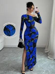 Women's Long Sleeve High Slit Floral Printed Wrap Waist Long Dress Set Womenswear, Elegant Chic Slim-Fitting Autumn Fashion, All Seasons Wear