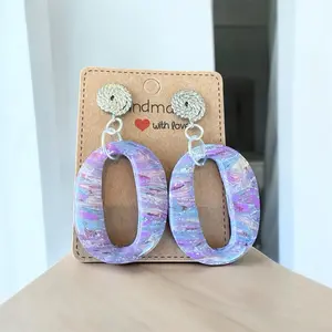 Medium Lavender Blue White with Silver Foil Swirls Polymer Clay Dangle Earrings