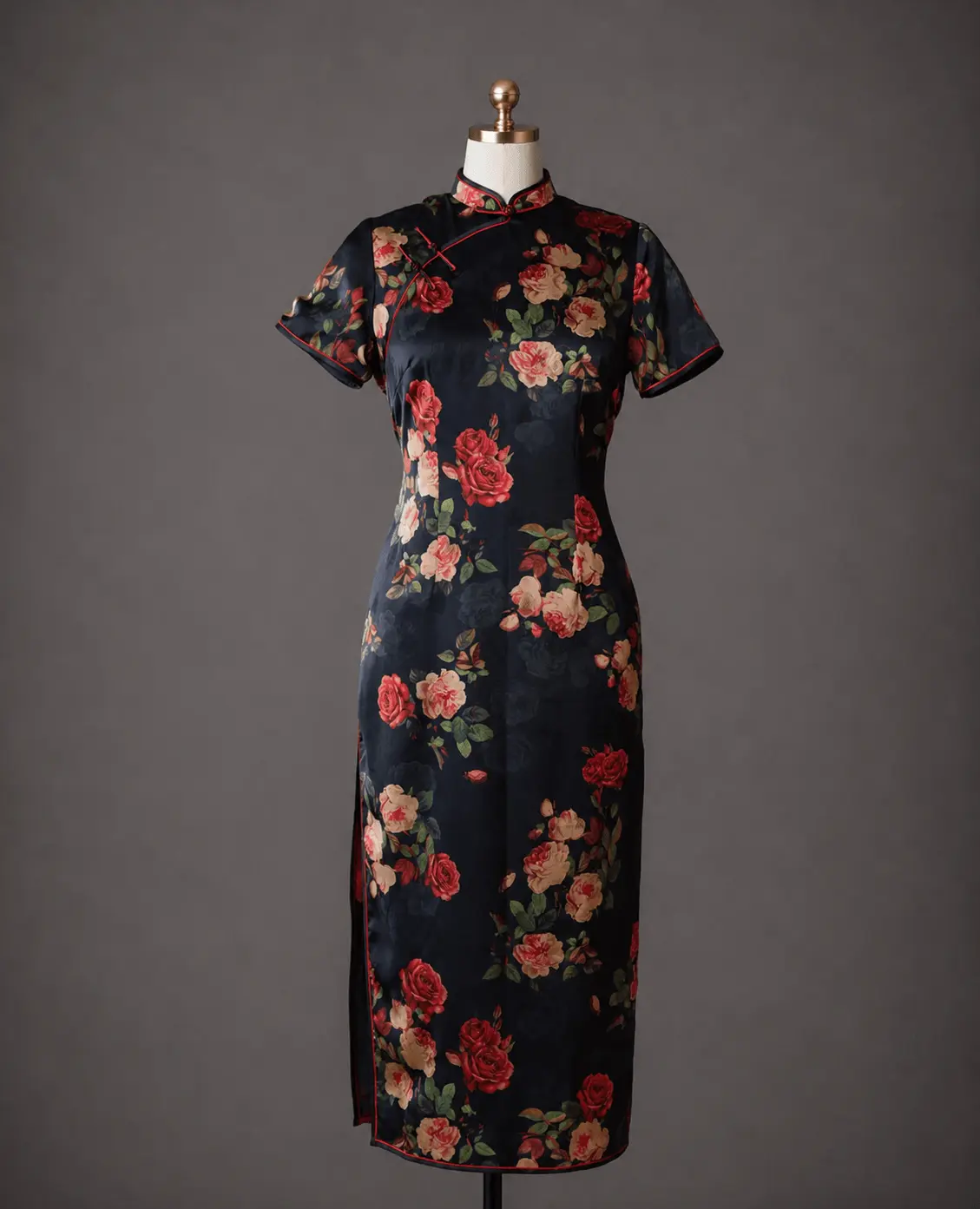 Black Print Silk Qipao with Red Roses — Shanghai 1920s Style