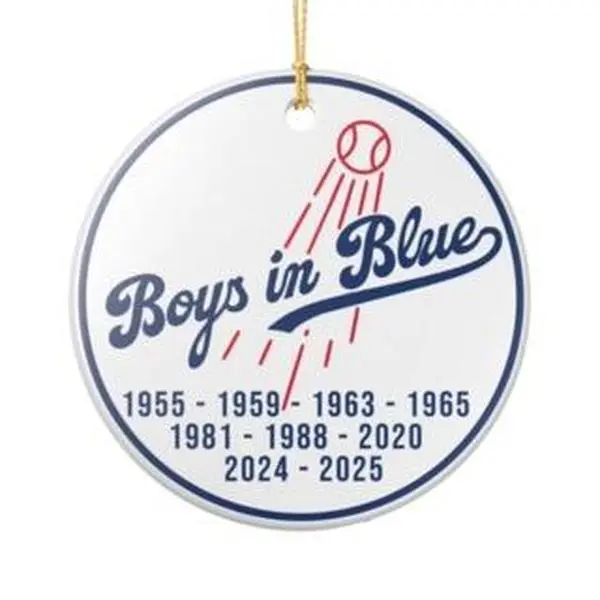 LA Baseball Fan Ornament 2025, World Series Victory Keepsake Ceramic, Blue & White Holiday Tree Decor, Game Day Celebration Gift for Baseball Lovers