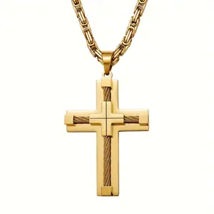 Men Stainless Steel Cross vintage Pendant size Necklace, 83.48 Gallon Titanium Steel Rope Design, Casual Style, with 5mm Byzantine Chain, Fashion Jewelry Accessories gold-plated cuban chain teen boy gift