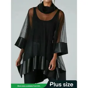 Women’s mesh patch top, oversized high-neck pullover, all-season solid-color fashion GARMENTARY