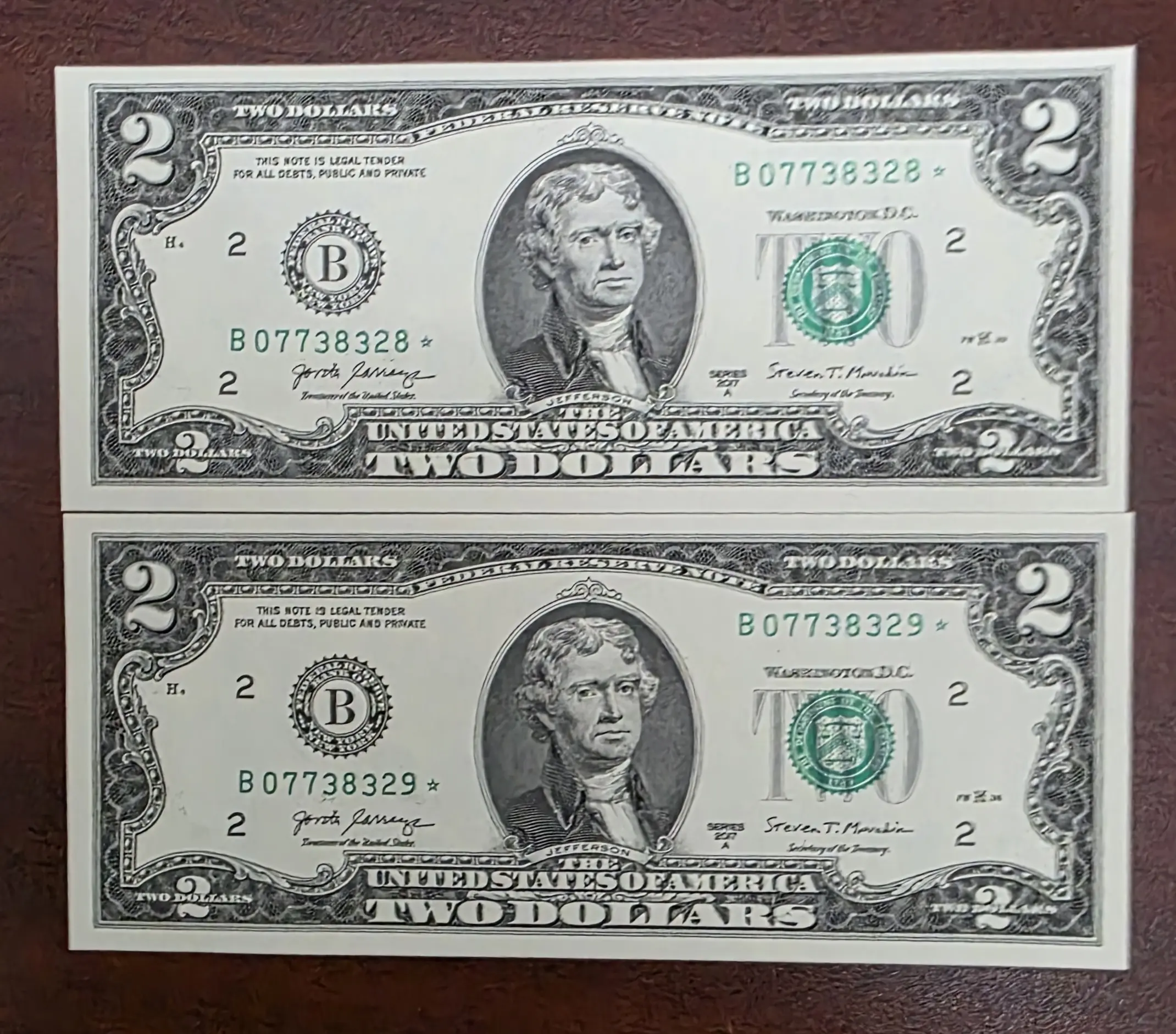 $2 2017A sequential star notes . Bank notes, US paper money. LOT of 2