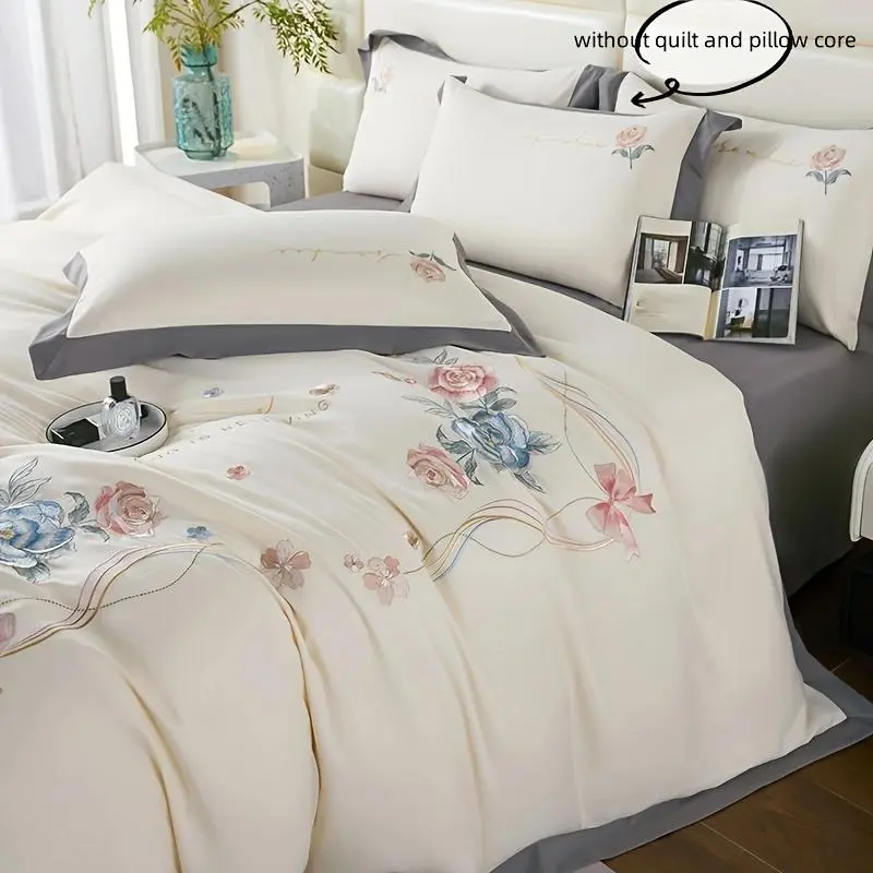 Floral Embroidery Bedding Set, 1 Duvet Cover & 2 Pillowcase without Filler, Soft Comfortable Bedding Set, Comfy Bedding Set for Home Bedroom, Decorative Duvet Cover, Floral Bedding Sets