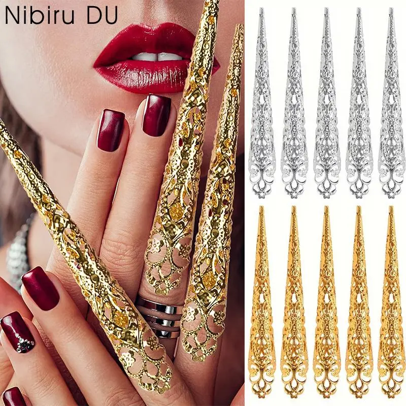 10Pcs Finger Nail Tip Claw Rings Queen Nail Ring Belly Dance Peacock False Nail for Halloween Cosplay Drama Dance Show