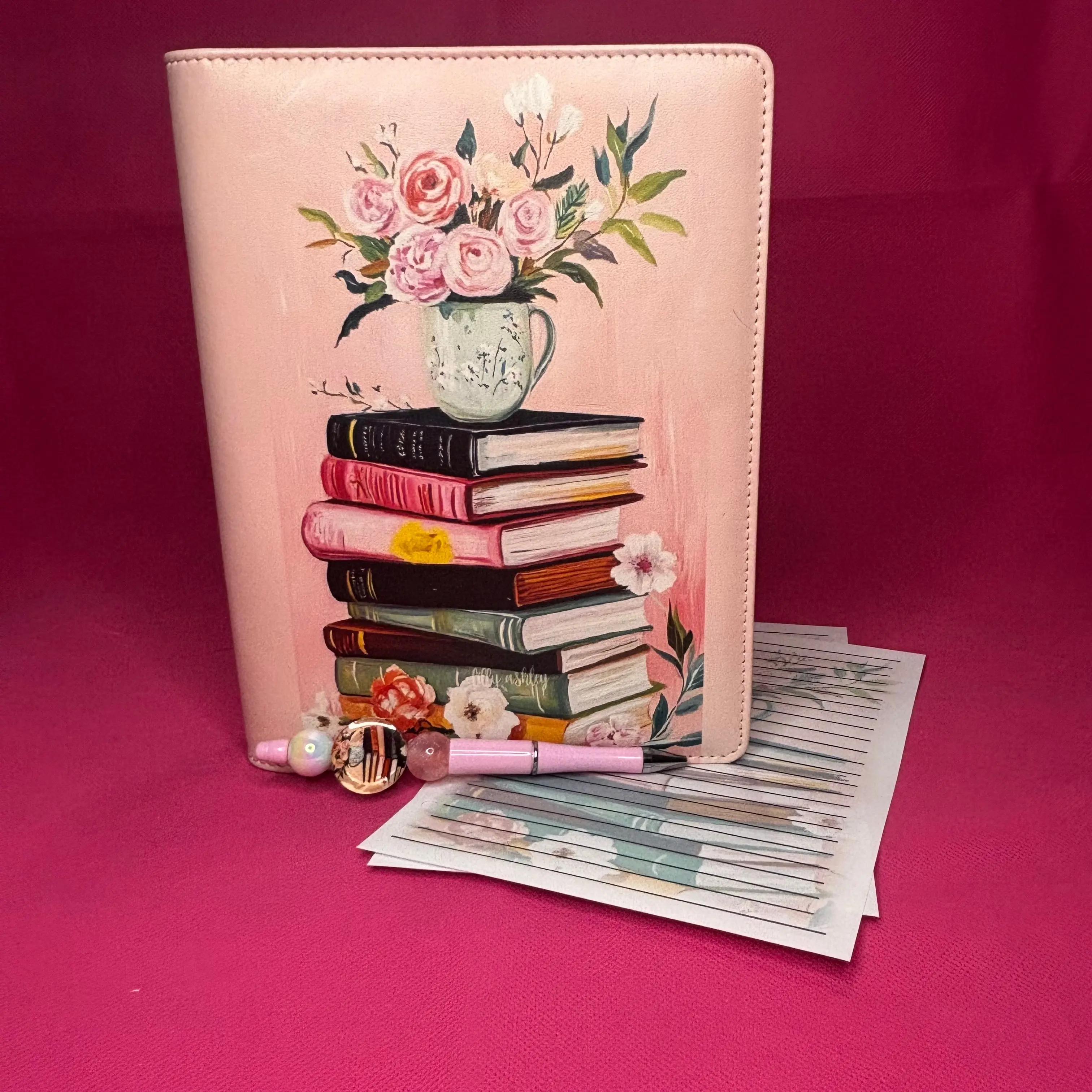 Pink Stack of Books Binder Bundle — A5 Binder, Matching Paper & Beaded Pen