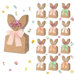 12 PCS Kraft Color Easter Birthday Gift Box Set with Gift Box Design, Gift Box Packaging and 4 Ribbon Rolls - Bunny Ears Shape Party Wrapping, Cute Individual Pack for Party Favors, Egg Hunt Prizes & Holiday Gifts