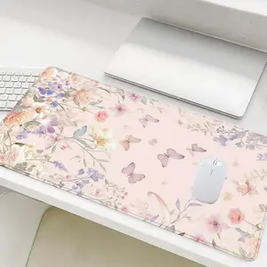 Floral & Butterfly Pattern Mouse Pad, Rectangle Gaming Mouse Pad, Non-Slip Rubber Base Stitched Edge Desk Pad for Desk Laptop Desktop, Desktop Accessory