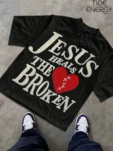 Men's Jesus Cure Graphic Tee, Vintage Loose Fit Heart Print, Breathable Fashion Streetwear Short Sleeve, Casual Fitted Top, Menswear