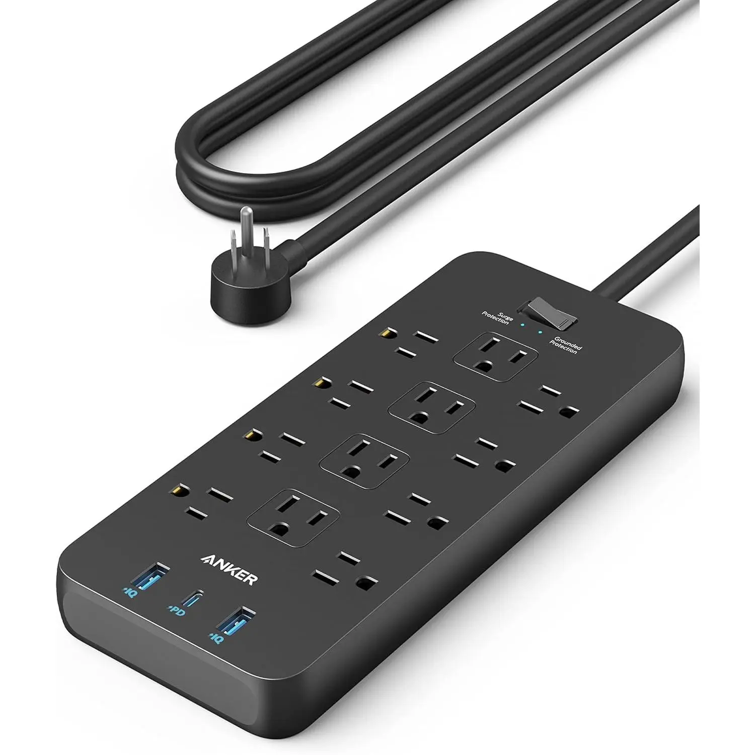 Surge Protector Power Strip (2100J), 12 Outlets with 1 USB-C/2 USB-A Ports for iPhone 16/16 Plus/16 Pro/16 Pro Max, 5ft Extension Cord, Flat Plug, 20W USB-C Charging for Home, Office,TUV Listed