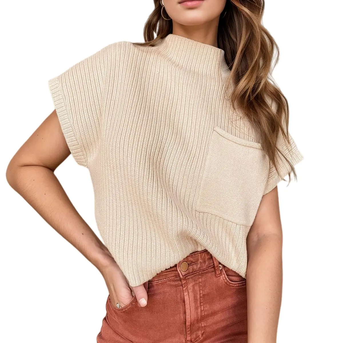 Asvivid Women's Casual Solid High Neck Ribbed Knit Top with Batwing Short Sleeves and Patch Pocket, Knitwear