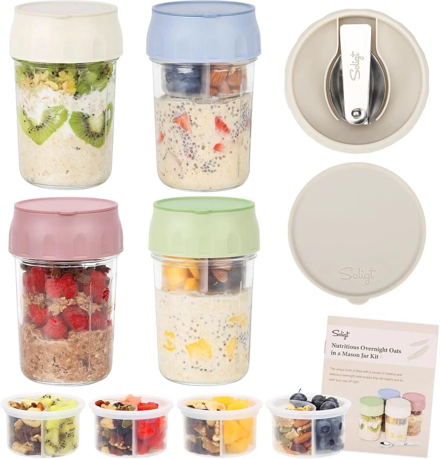 4 Pack Overnight Oats Containers with Lids, Folding and Divided Compartments for Fruit & Nuts, Small 16oz Jars for Oatmeal (4 Set-Oat White/Green/Rose/Blue)