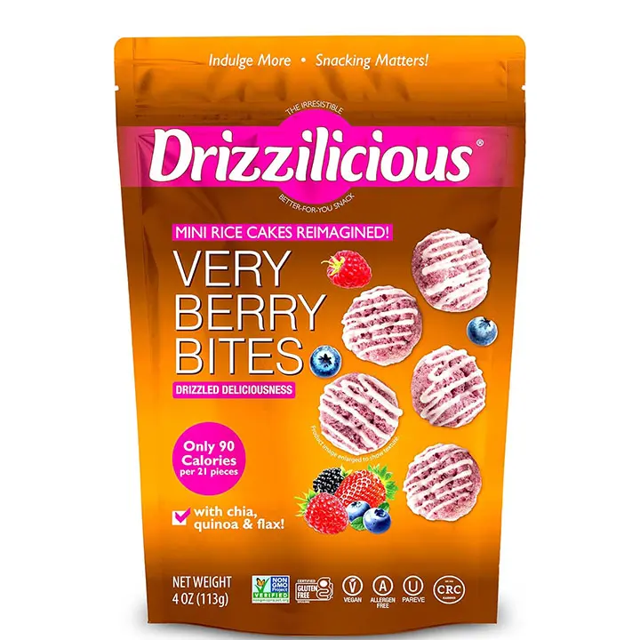 Drizzilicious Mini Flavored Rice Cakes Very Berry - Rice Crisps, Healthy Snack for Adults and Kids, Vegan, Gluten Free Snack, Allergen Free, Only 90 Calories Per 21 Pieces - 4 oz (Pack of 1)