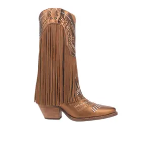 Dingo Womens Gypsy Studded Fringe Metallic Snip Toe Pull On  Casual Boots Mid Calf Low Heel 1-2" - Brown