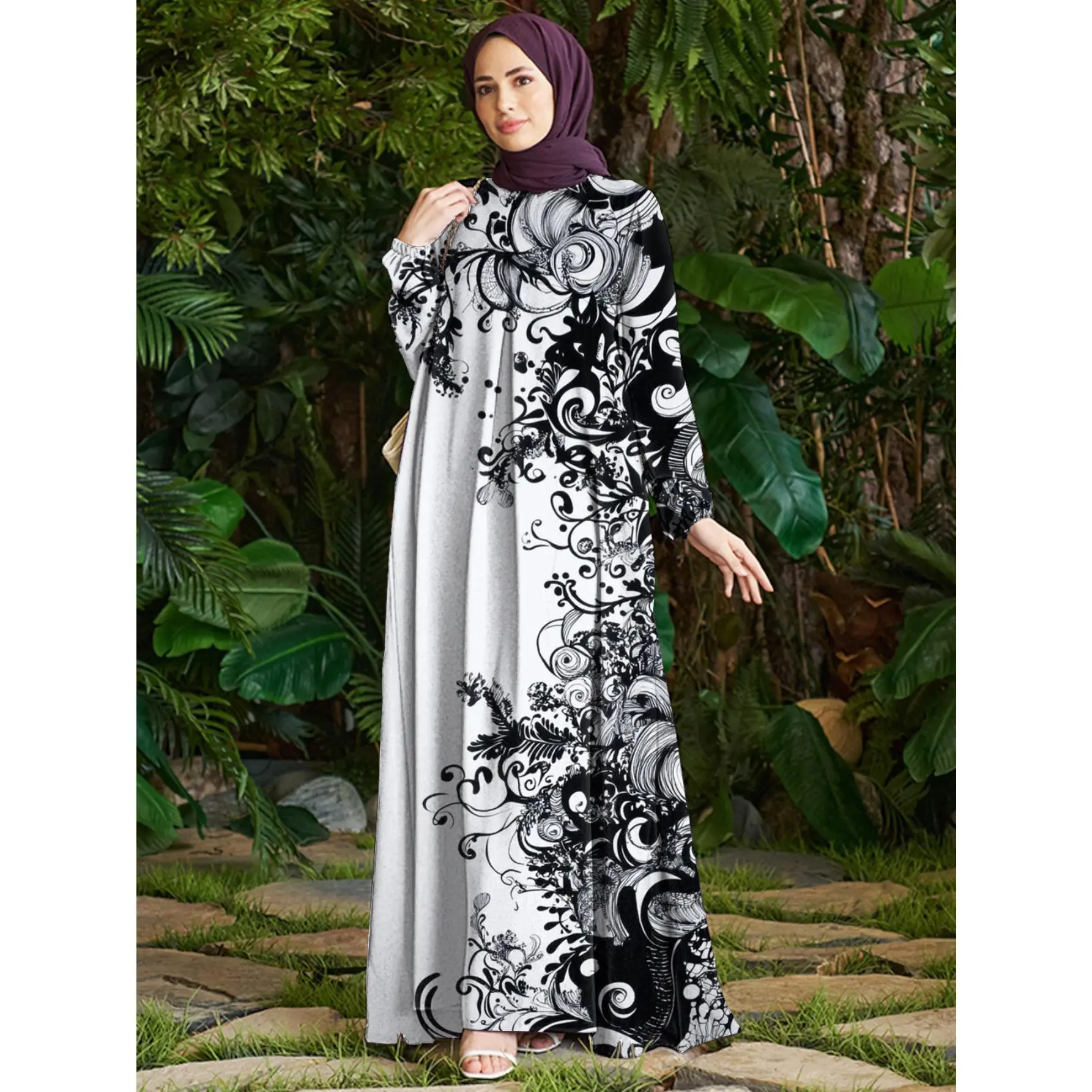 Women's Modest Fashion Embroidered Polyester Abaya Dress - Long Sleeve Classic Arabic Maxi Gown for Holiday, Hijabi Fashion, Up to 4XL (2XL, 3XL Inclusive), Plus Size, Embroidery, Abaya Fashion