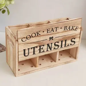 Wooden Kitchen Utensil Storage Box, Natural Real Wood Material, Multi-Compartment Design, Oilproof Moisture-Proof, Essential Kitchen Organizer, Kitchen Organizers Storage