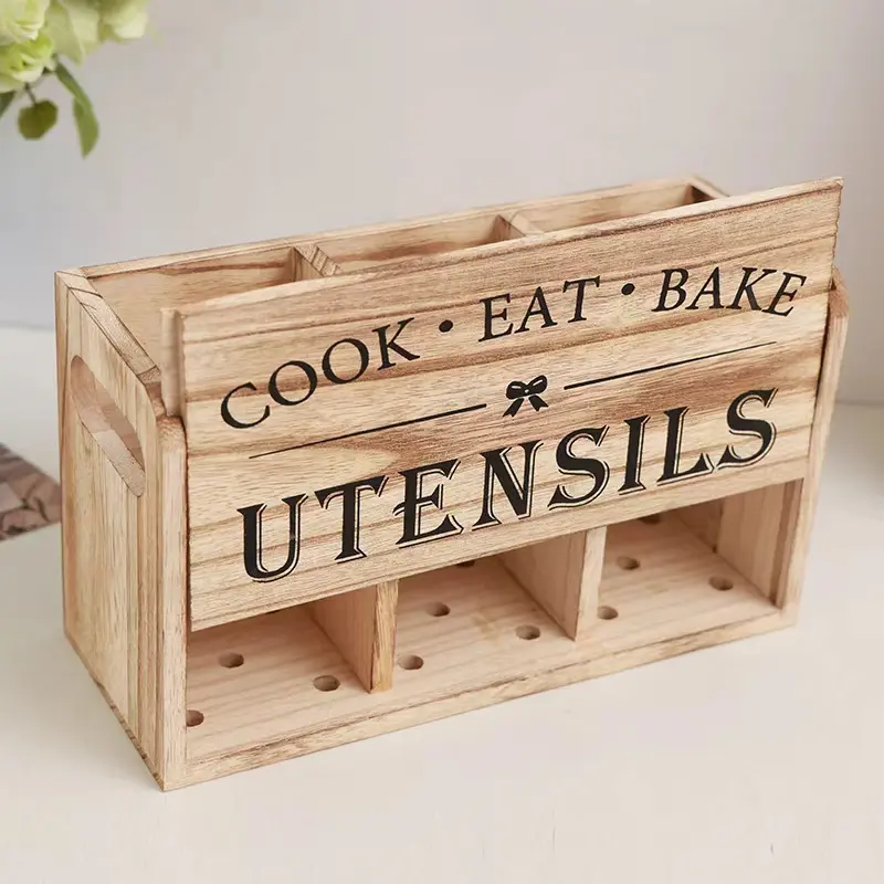 Wooden Kitchen Utensil Storage Box, Natural Real Wood Material, Multi-Compartment Design, Oilproof Moisture-Proof, Essential Kitchen Organizer, Kitchen Organizers Storage