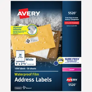 Avery Durable Waterproof Address Labels with Sure Feed Technology, 1" x 2-5/8", White, Laser & Pigment-Inkjet Compatible, 1,500 Blank Labels Total (5520)