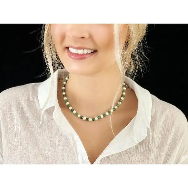 Freshwater Pearl Necklace with Green Jade Gemstones - Green Jade Choker Necklace