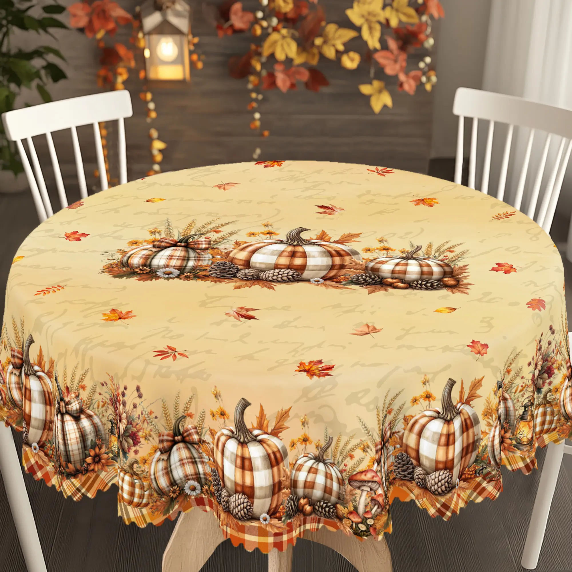 PLUMLIK Fall Farmhouse Polyester Tablecloth, Decorative Vintage Rectangle/Round Cover with Buffalo Plaid, Pumpkin, Pinecone, Floral Patterns for Autumn Thanksgiving Indoor-Outdoor Home Kitchen Party Decor