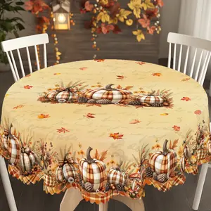 PLUMLIK Fall Tablecloth with Buffalo Plaid Pumpkin Pinecone Flowers Patterns, Vintage Rectangular Round Table Cover, Autumn Decor Suitable for Thanksgiving Day Indoor Outdoor Holiday Party, Retro Farmhouse Table Decoration, Home Kitchen Accessories