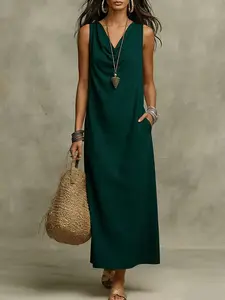 2026 Summer New Cloud Cotton Sleeveless Long Dress Pockets, Boho Style Bohemian Loose Slimming Dress, French Lazy Long Dress, Beach Vacation Essential