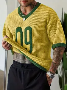 Men's Summer Sport Style Knit Sweater, V Neck Breathable Hollow Out Design Pullover, Casual Fitted Stars Pattern Top